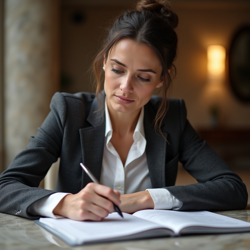 Professional reviewing franchise financial documents with focused concentration