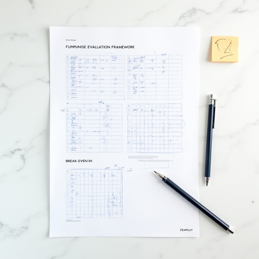 Completed franchise evaluation framework document laid out on a clean desk with annotations