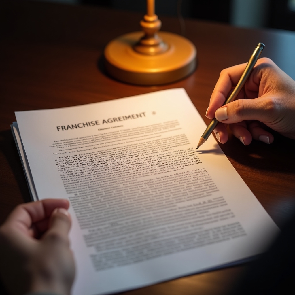 Close-up of hands reviewing a franchise agreement document with analytical precision