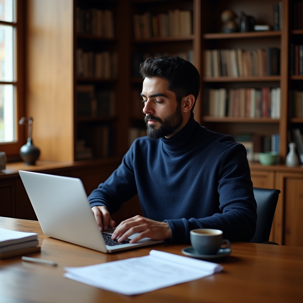 Professional working independently at a clean desk with course materials and financial documents