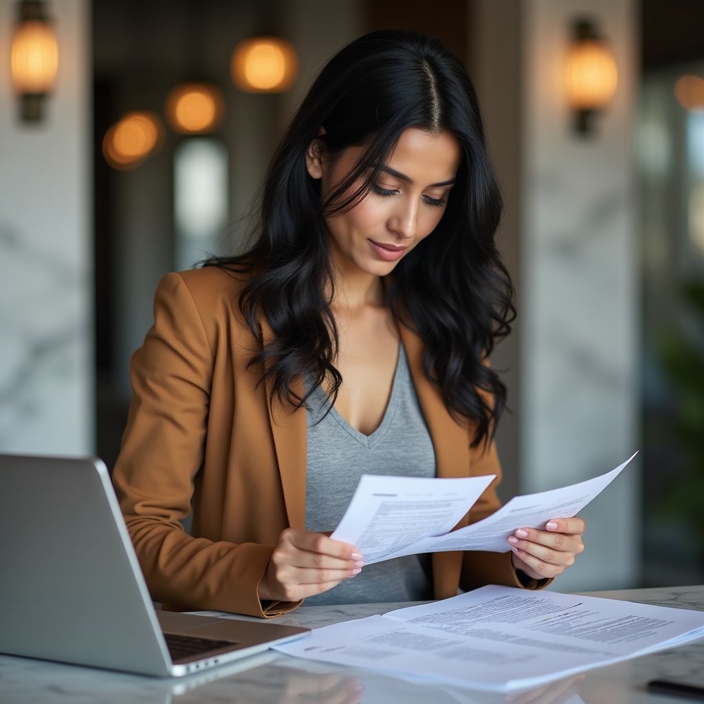 Business person conducting research at a desk with multiple documents and a laptop showing financial data